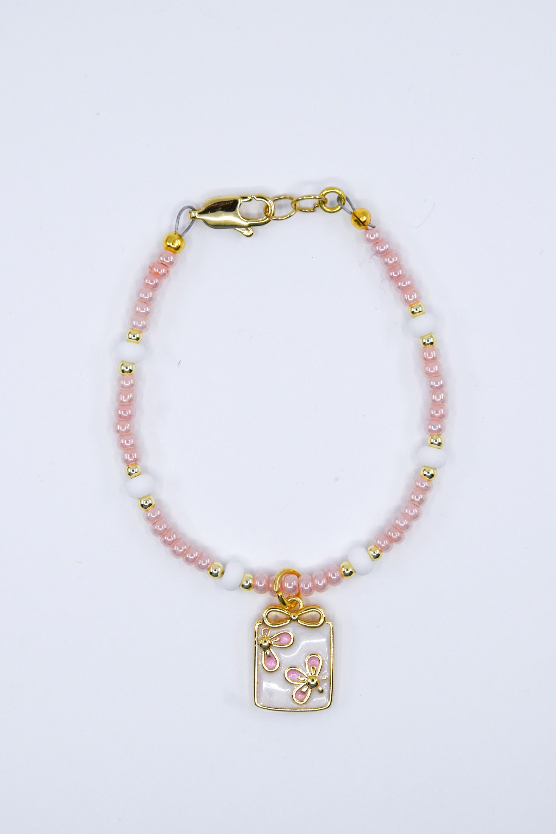 Pink and White Flower Jar Charm Bracelet