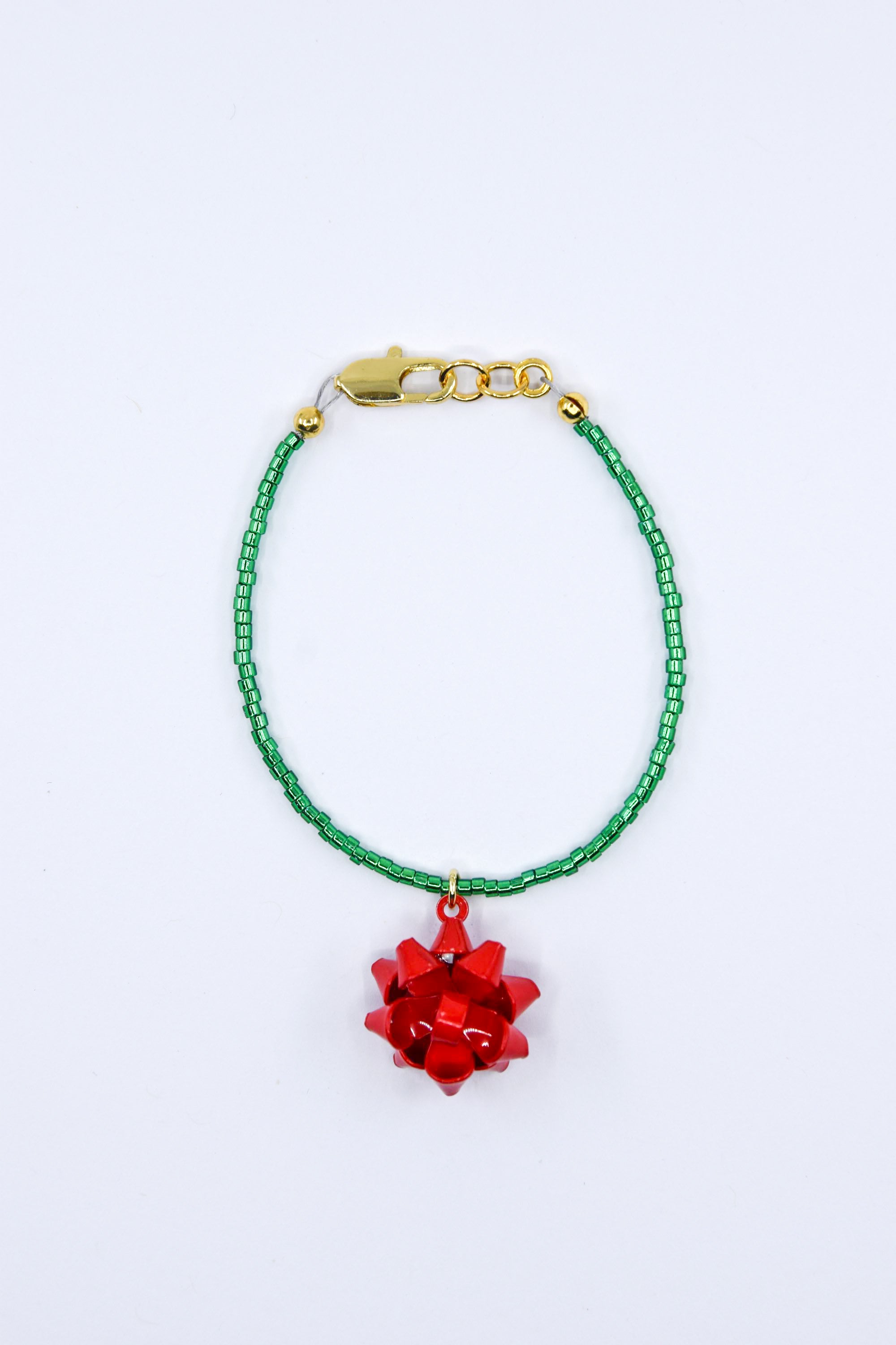 Christmas Green Micro Dainty Big Red Bow Charm Bracelet