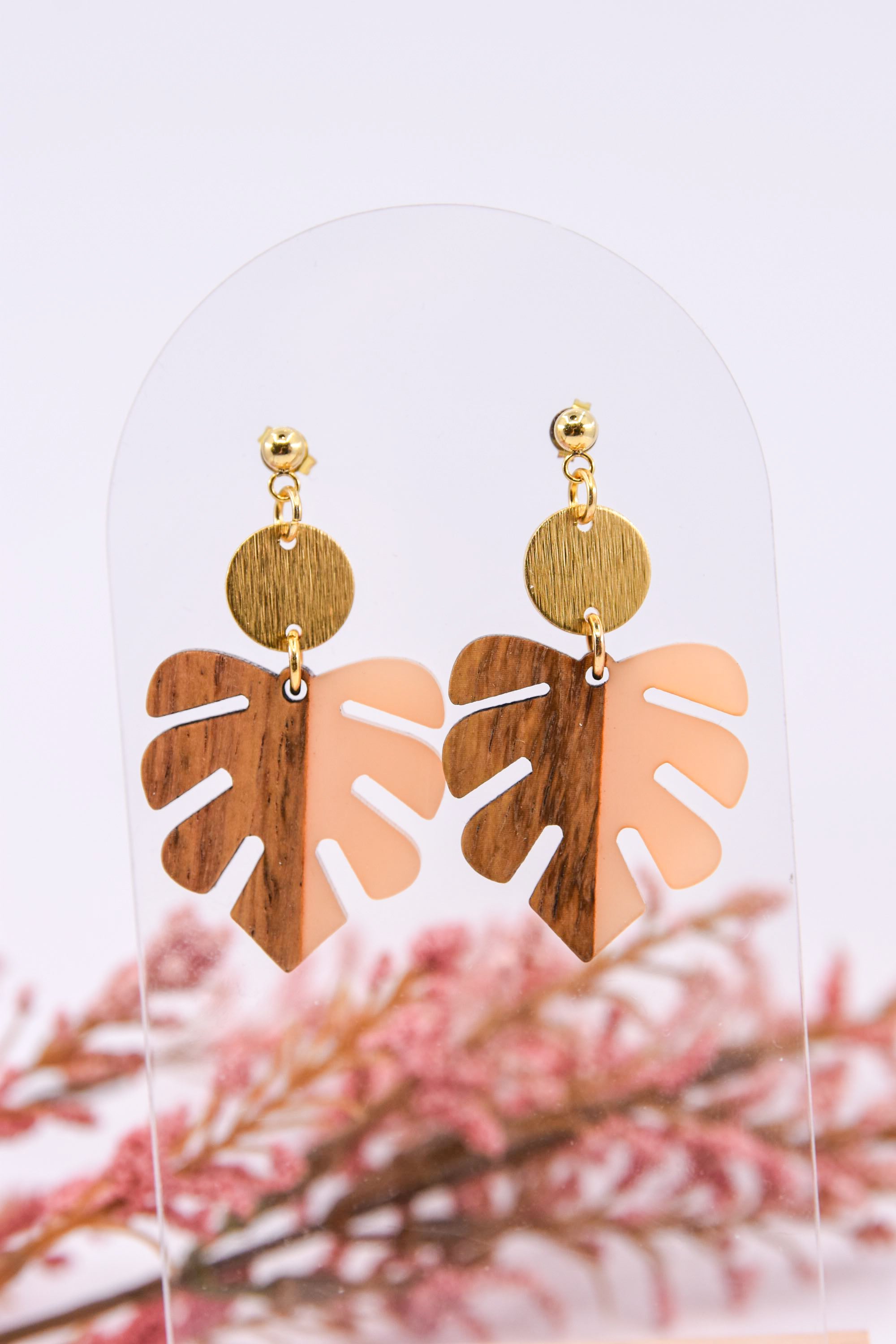 Peach and Wood Monstera Leaf Earrings
