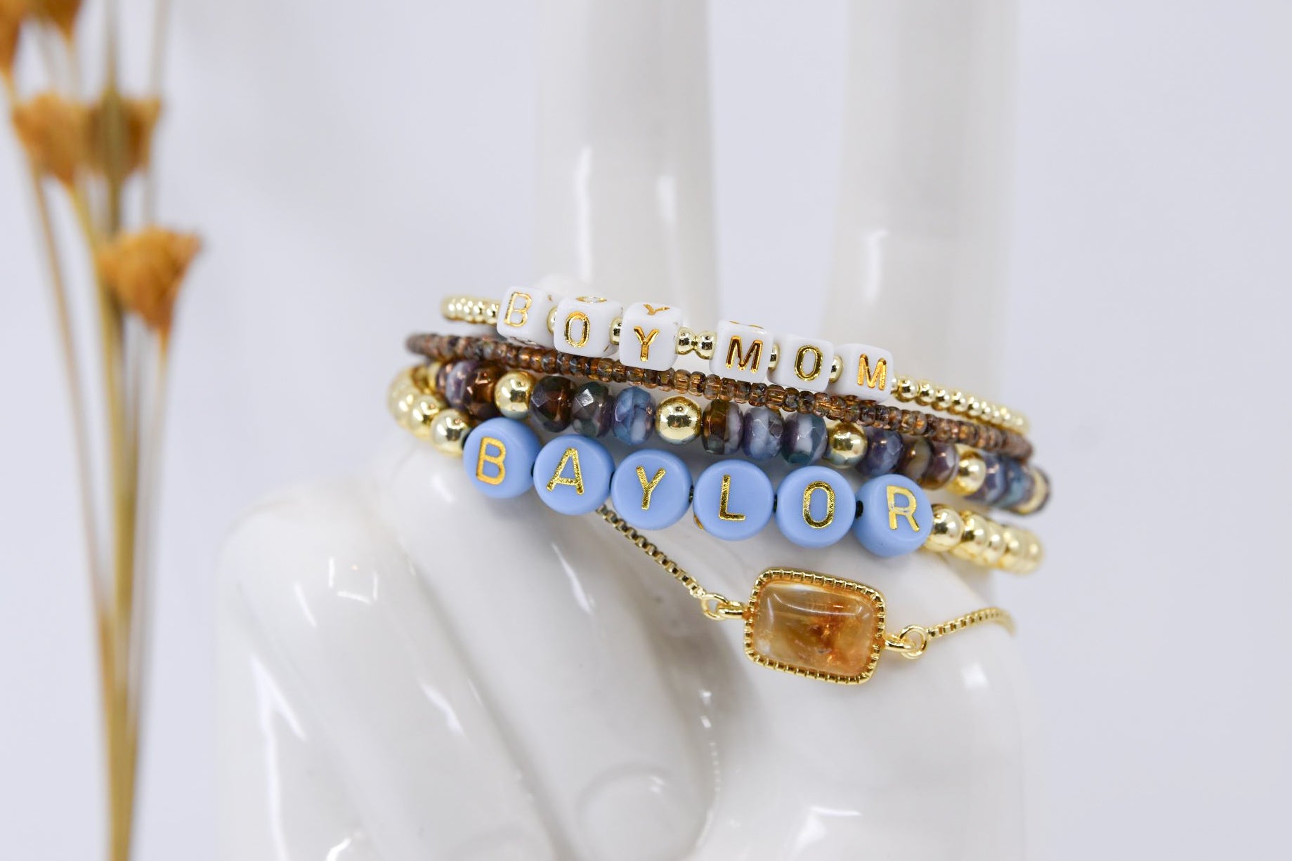 Dusty Blue and Gold Name Bracelet