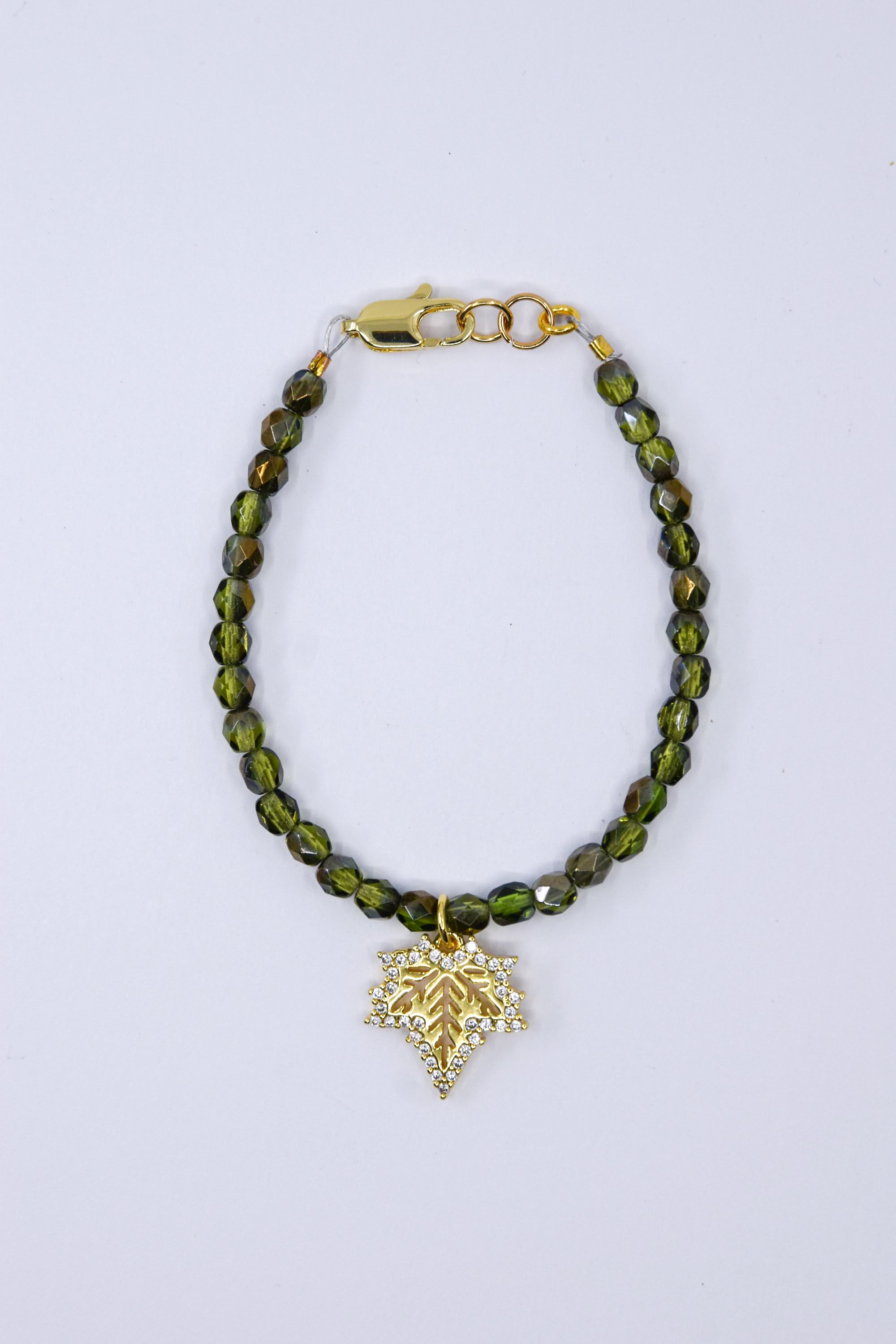 Green Czech Glass with Rhinestone Leaf Charm