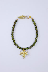 Green Czech Glass with Rhinestone Leaf Charm