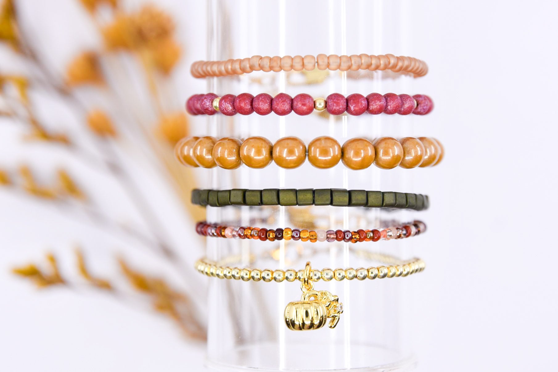 Pumpkin with Floral Stem Charm Bracelet