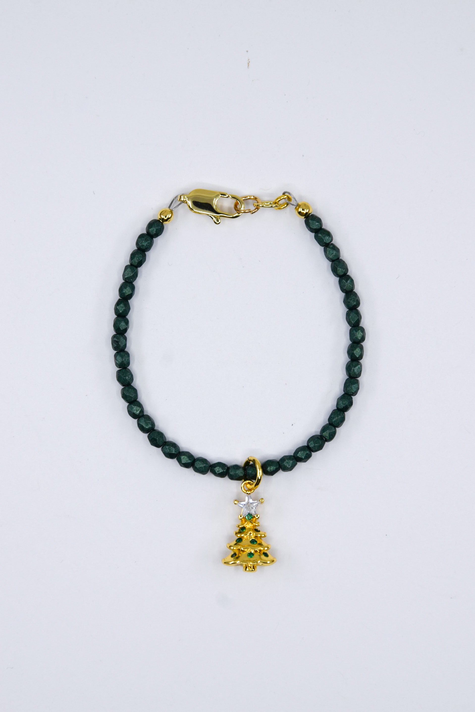 Dark Green Czech Glass with Green Crystal Tree Charm