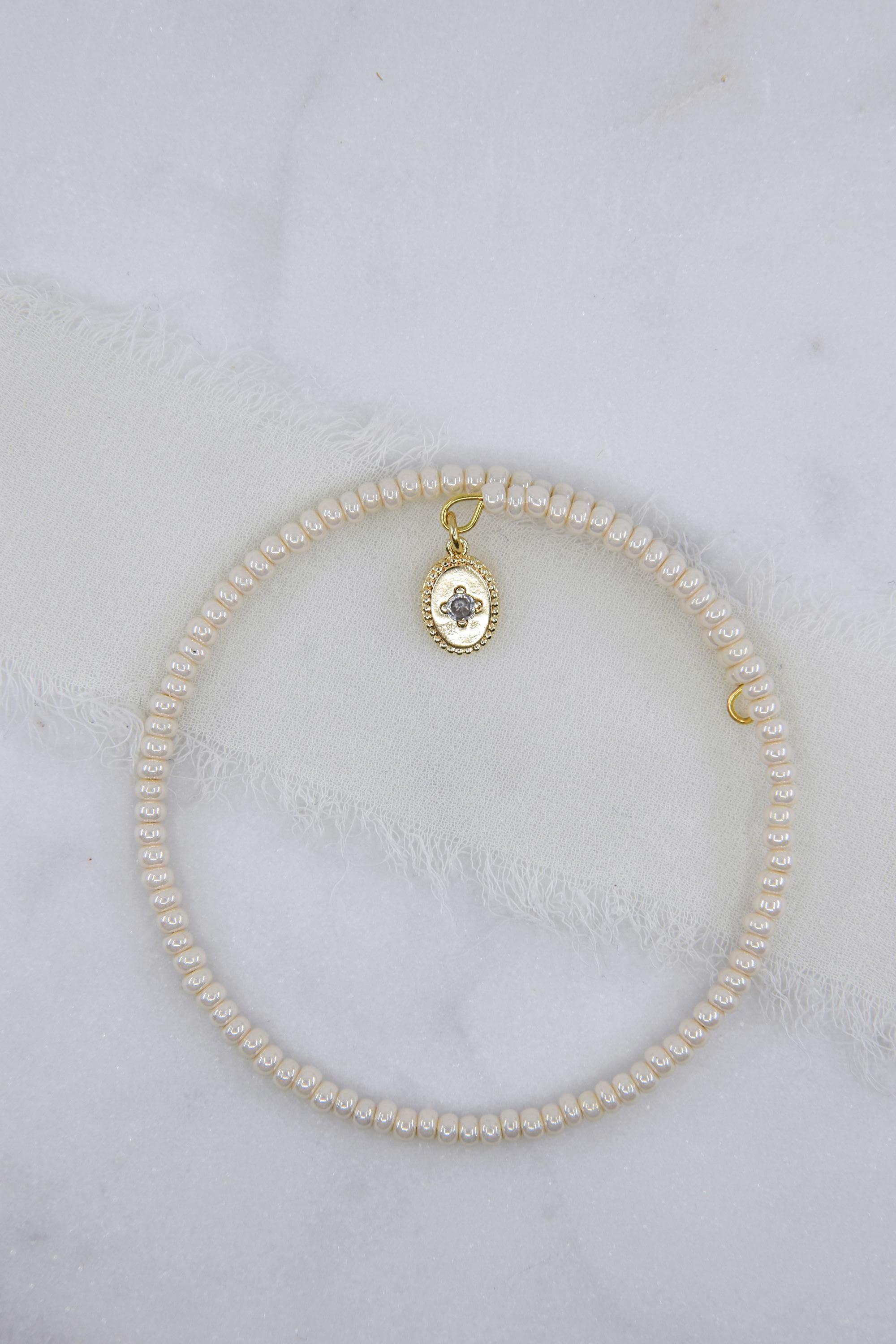 Pearl Ivory Dainty with Crystal Charm Bangle