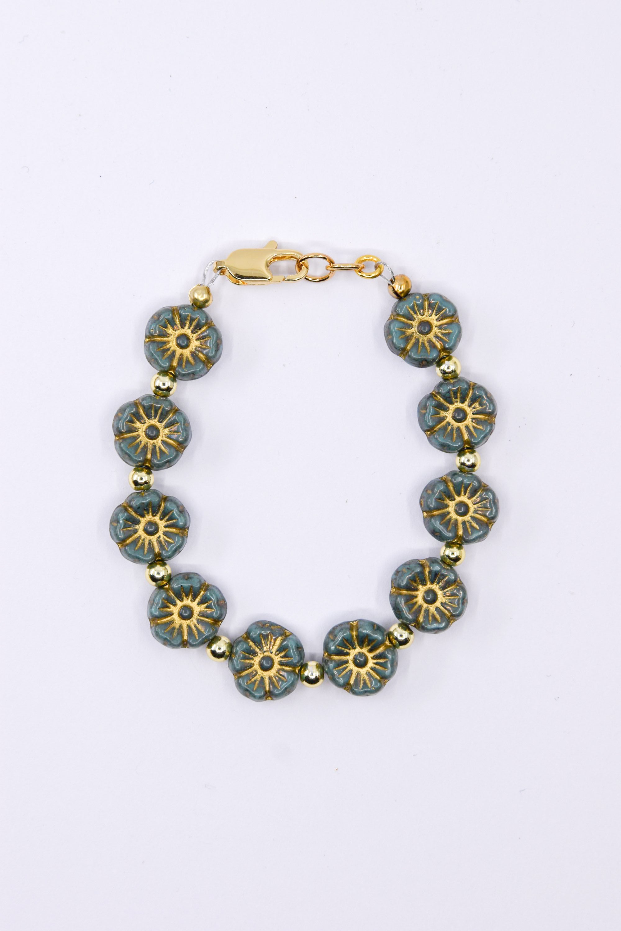 Muted Teal Czech Glass Floral