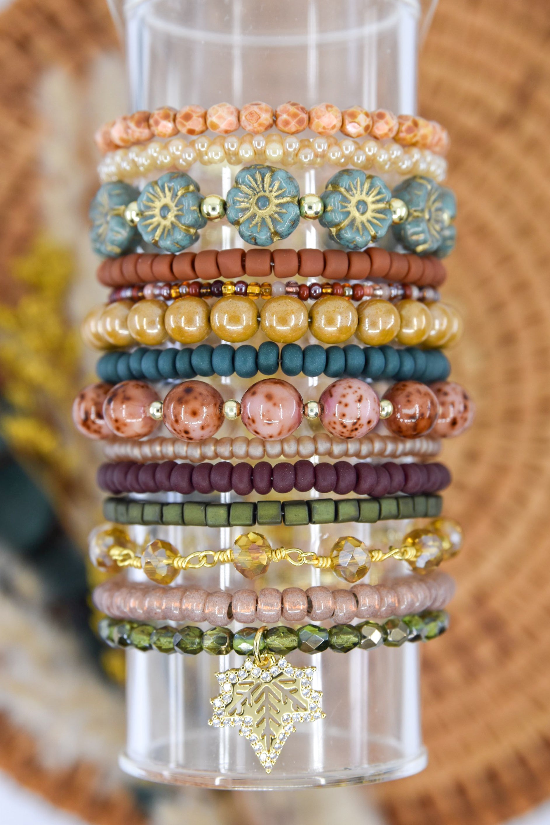 Muted Teal Czech Glass Floral
