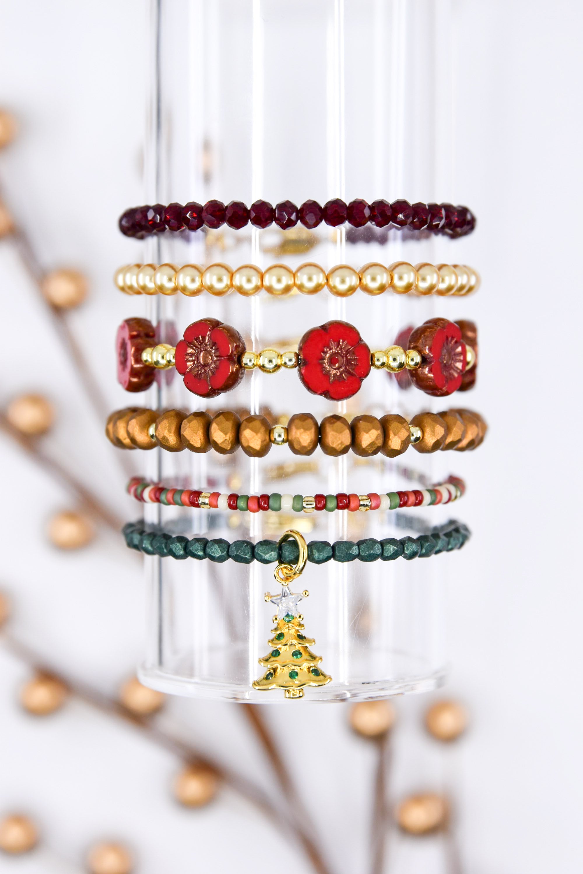 Dark Green Czech Glass with Green Crystal Tree Charm