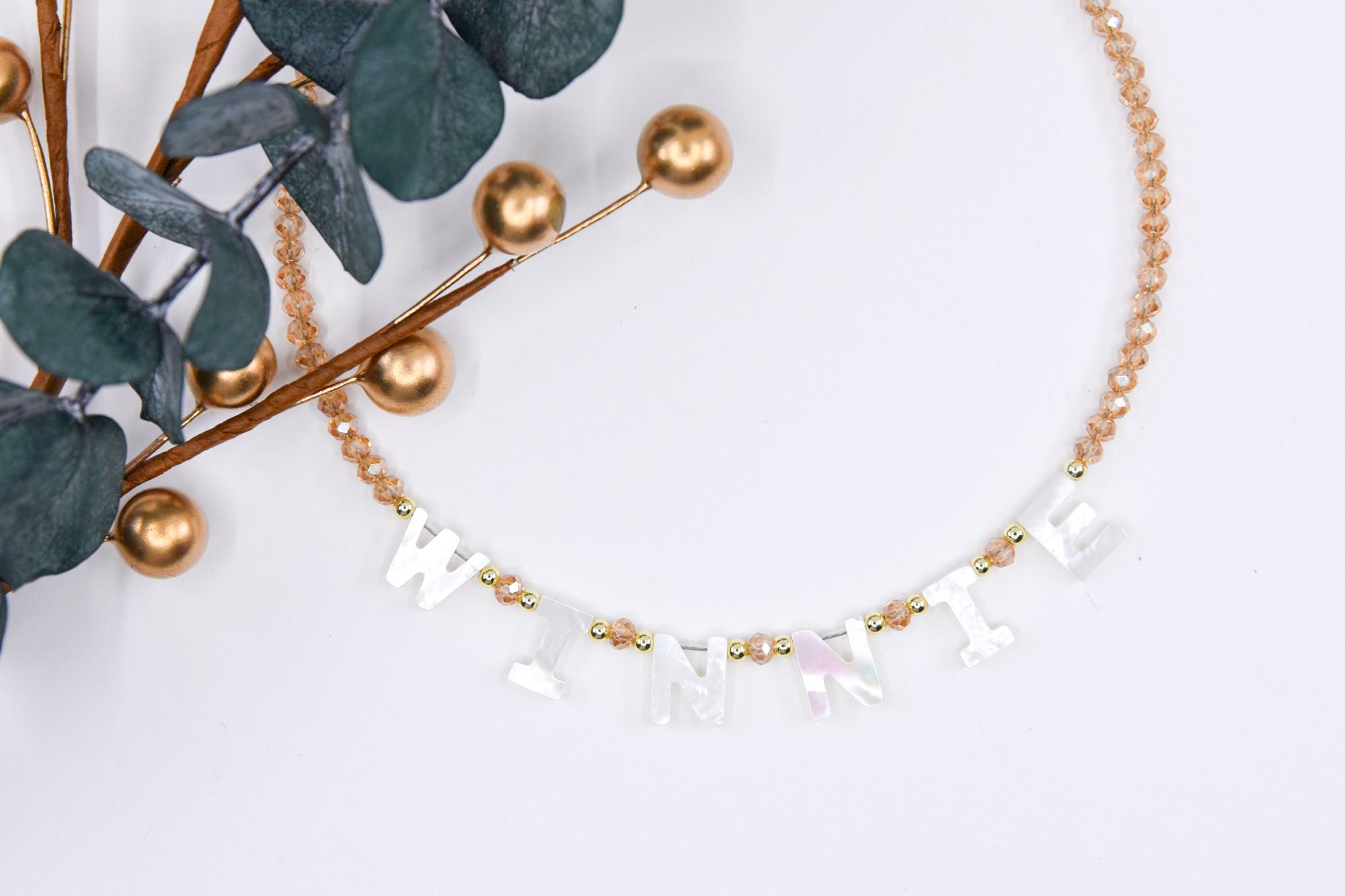Mother of Pearl Name Necklace with Champagne Crystal Glass
