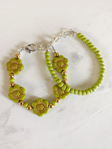 Matte Olive Green Dainty Glass Bracelet